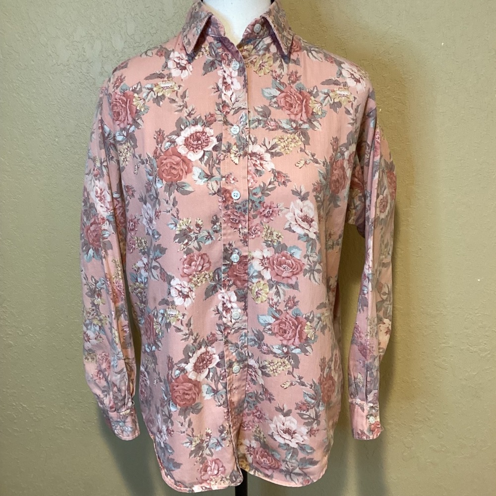 Vintage French Navy‎ Pink, Floral Print, Button Down Shirt, Size Small